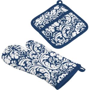 image:imageDII Quilted Kitchen Oven Mitt amp Potholder Set Hanging Loop for Convenient Storage OM 65x12PH 8x85 Pink Damask Print 2 PieceNautical Blue Damask Print