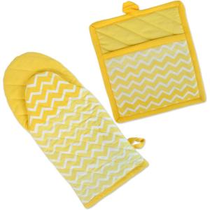 image:imageDII Quilted Kitchen Oven Mitt amp Potholder Set Hanging Loop for Convenient Storage OM 65x12PH 8x85 Pink Damask Print 2 PieceOmbre Yellow Chevron