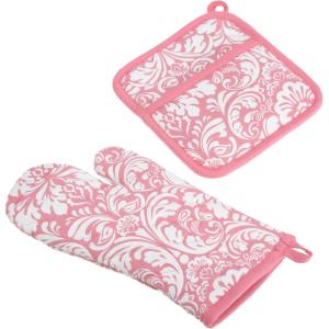 image:imageDII Quilted Kitchen Oven Mitt amp Potholder Set Hanging Loop for Convenient Storage OM 65x12PH 8x85 Pink Damask Print 2 PiecePink Damask Print