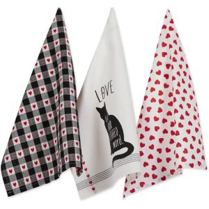 image:imageDII Valentines Day Collection Kitchen Dishtowel Set 18x28 Woven Check 3 PieceCat Love