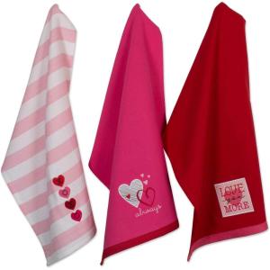 image:imageDII Valentines Day Collection Kitchen Dishtowel Set 18x28 Woven Check 3 PieceEmbellished Hearts