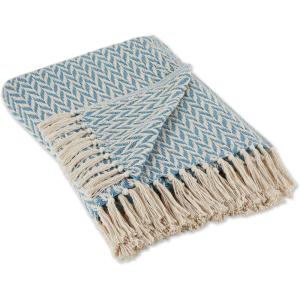 image:imageDII Modern Zig Zag Throw Blanket Woven Cotton HandKnotted 25 Fringe 50x60 Storm BlueStorm Blue
