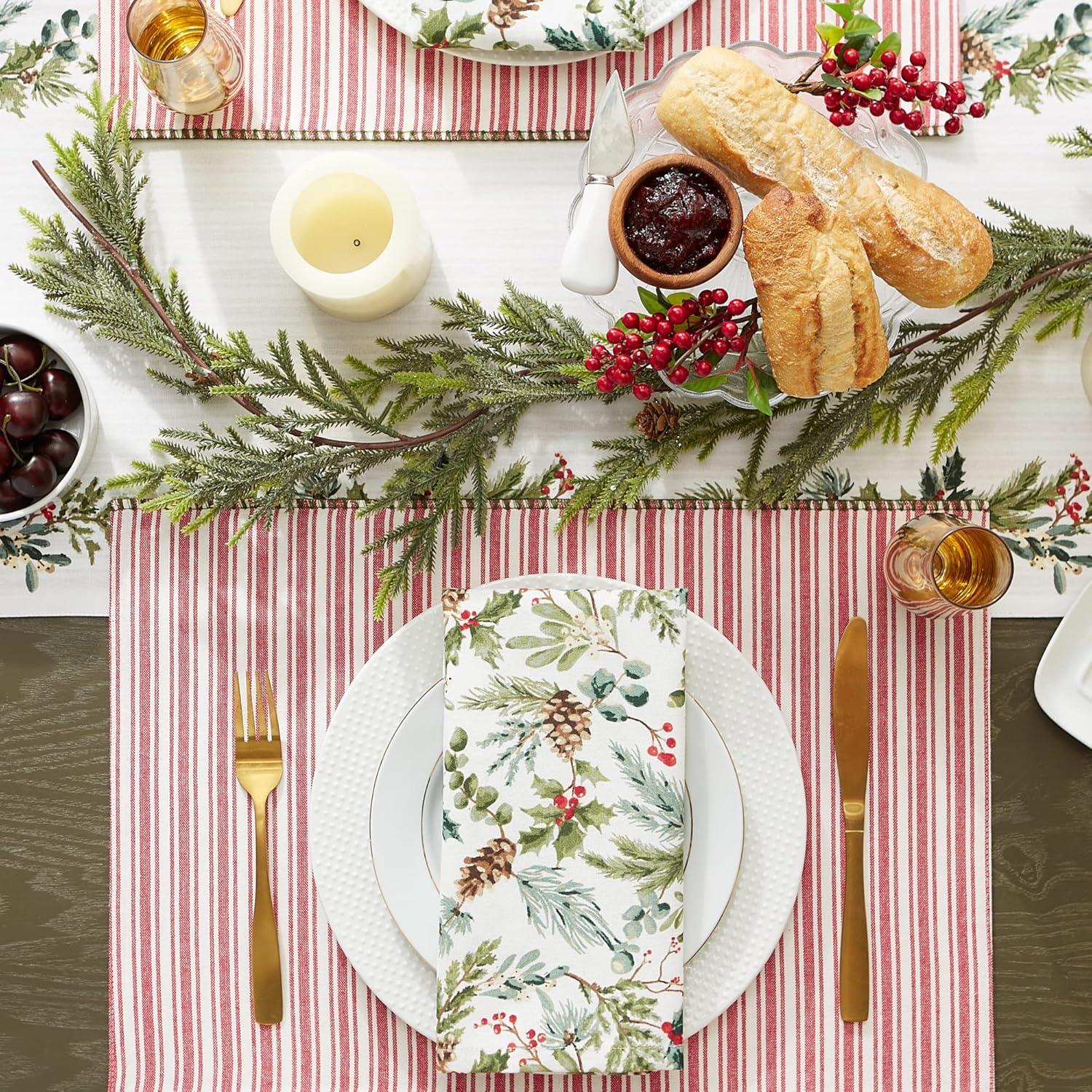 image:imageDII Heritage Holiday Sprigs Kitchen Dcor Collection Decorative Christmas Tablecloth 52x52 Christmas GreeneryBoughs of HollyRed Ticking
