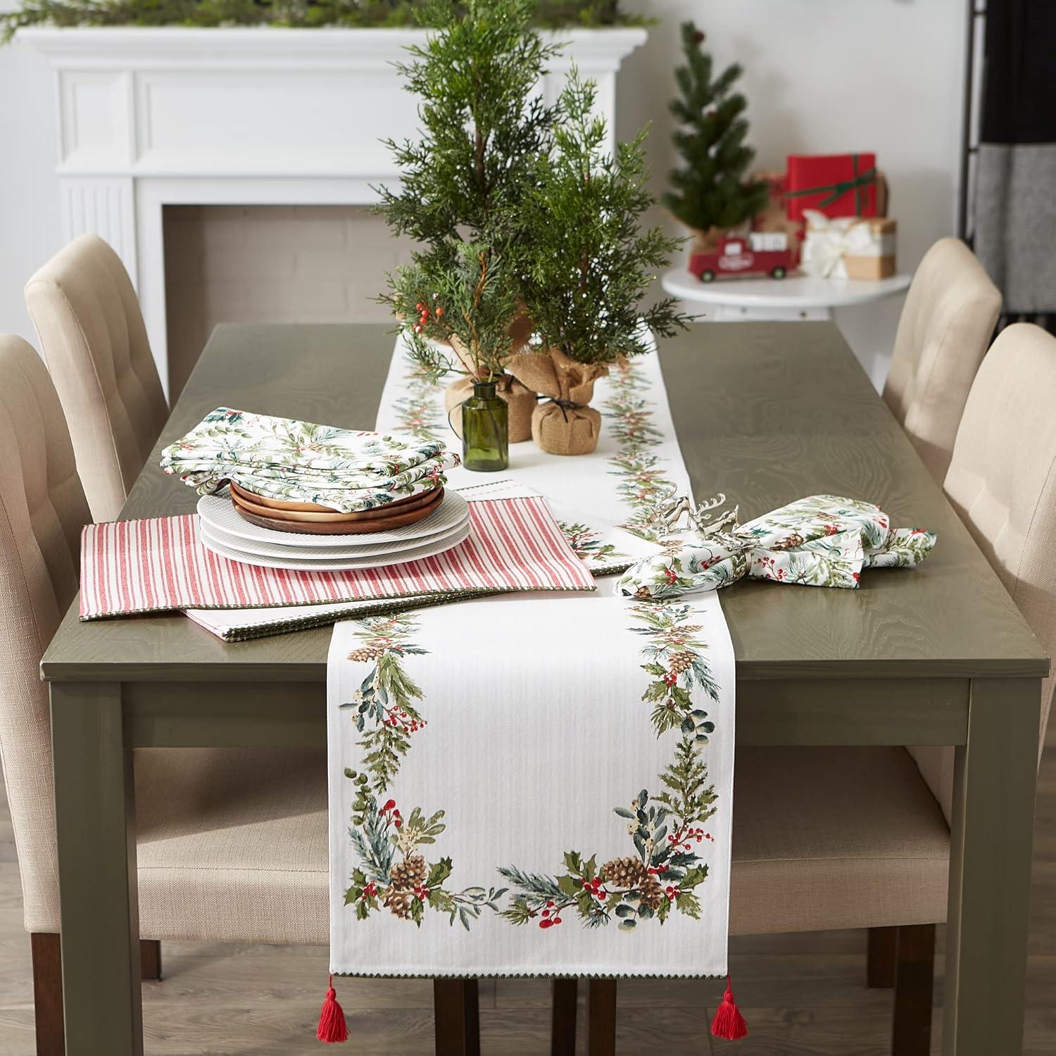 image:imageDII Heritage Holiday Sprigs Kitchen Dcor Collection Decorative Christmas Tablecloth 52x52 Christmas GreeneryBoughs of HollyRed Ticking