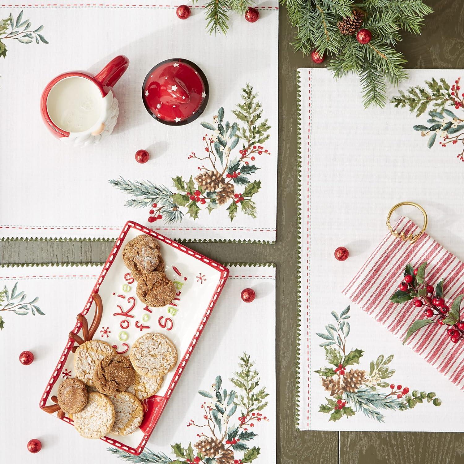 image:imageDII Heritage Holiday Sprigs Kitchen Dcor Collection Decorative Christmas Tablecloth 52x52 Christmas GreeneryBoughs of HollyRed Ticking