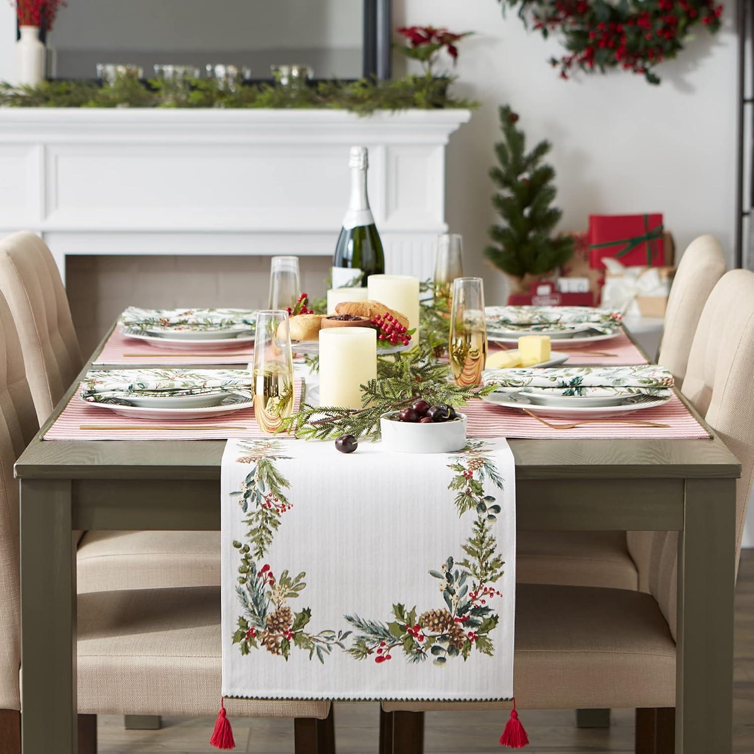 image:imageDII Heritage Holiday Sprigs Kitchen Dcor Collection Decorative Christmas Tablecloth 52x52 Christmas GreeneryBoughs of HollyRed Ticking