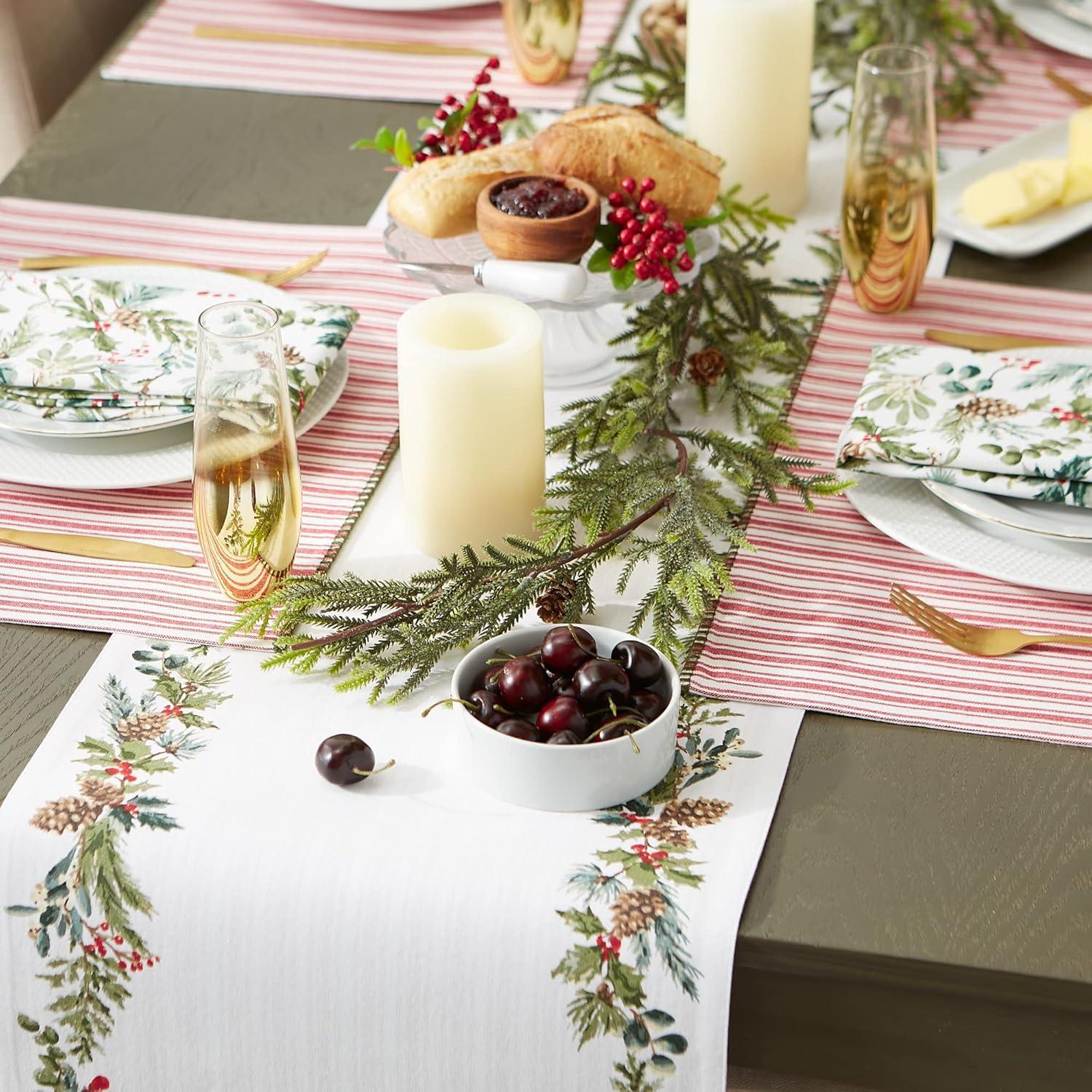 image:imageDII Heritage Holiday Sprigs Kitchen Dcor Collection Decorative Christmas Tablecloth 52x52 Christmas GreeneryBoughs of HollyRed Ticking