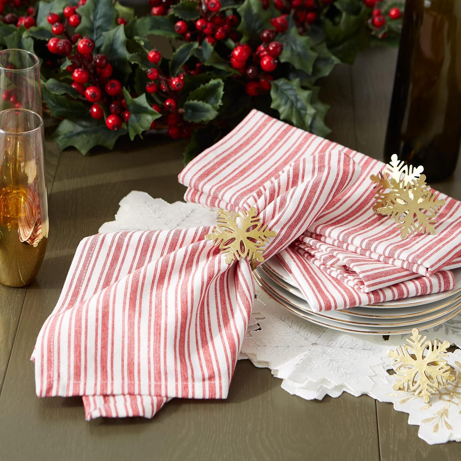 image:imageDII Heritage Holiday Sprigs Kitchen Dcor Collection Decorative Christmas Tablecloth 52x52 Christmas GreeneryRed Stripe Ticking