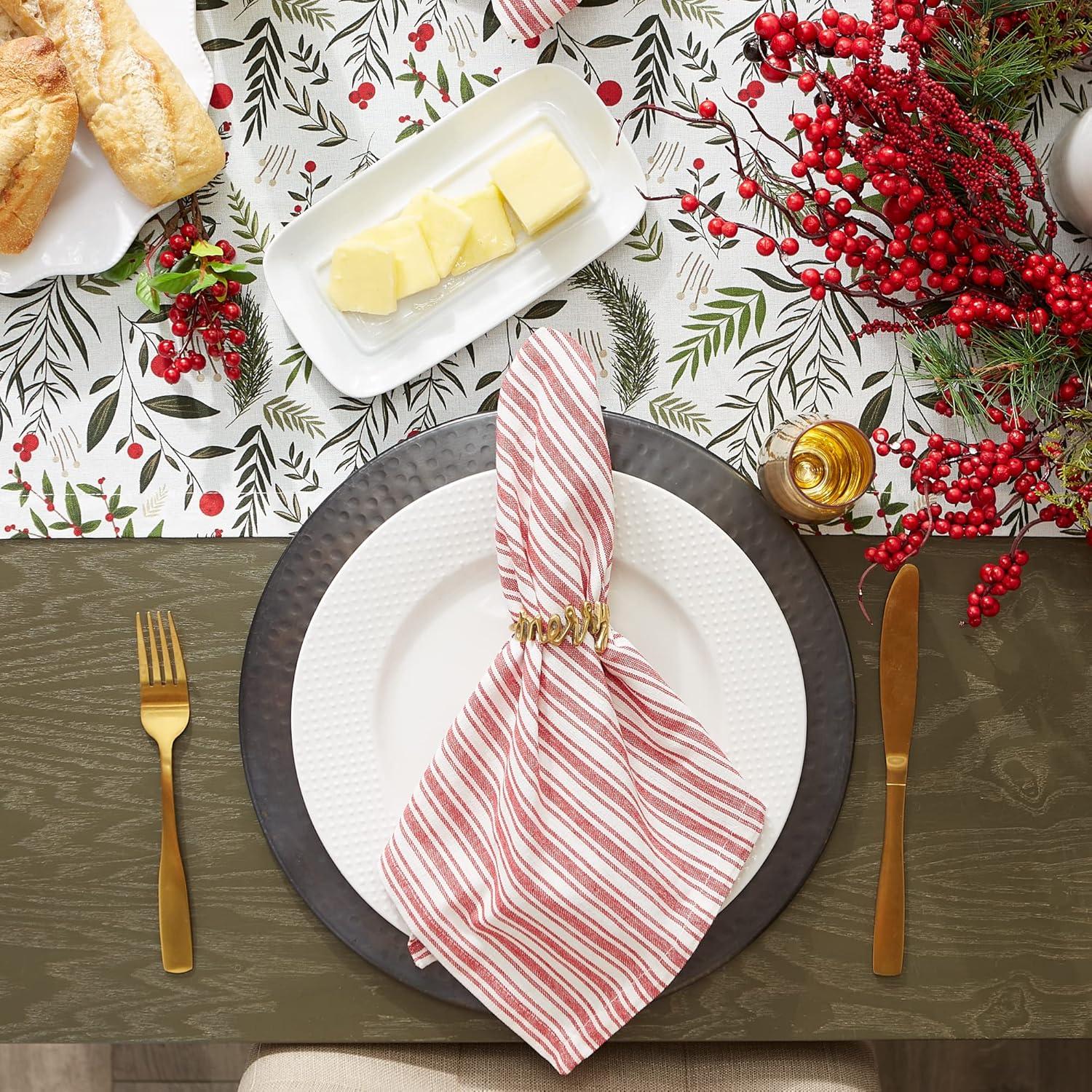 image:imageDII Heritage Holiday Sprigs Kitchen Dcor Collection Decorative Christmas Tablecloth 52x52 Christmas GreeneryRed Stripe Ticking