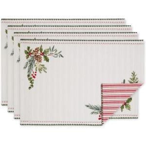 image:imageDII Heritage Holiday Sprigs Kitchen Dcor Collection Decorative Christmas Tablecloth 52x52 Christmas GreeneryBoughs of HollyRed Ticking