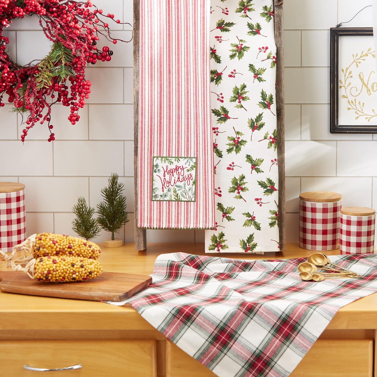 image:imageDII Vintage Christmas Tea Towels Decorative Holiday Kitchen Dish Towel Set 18x28 Tartain Plaid amp Thin Red Stripe 2 PieceHolly  Plaid  Red Stripe