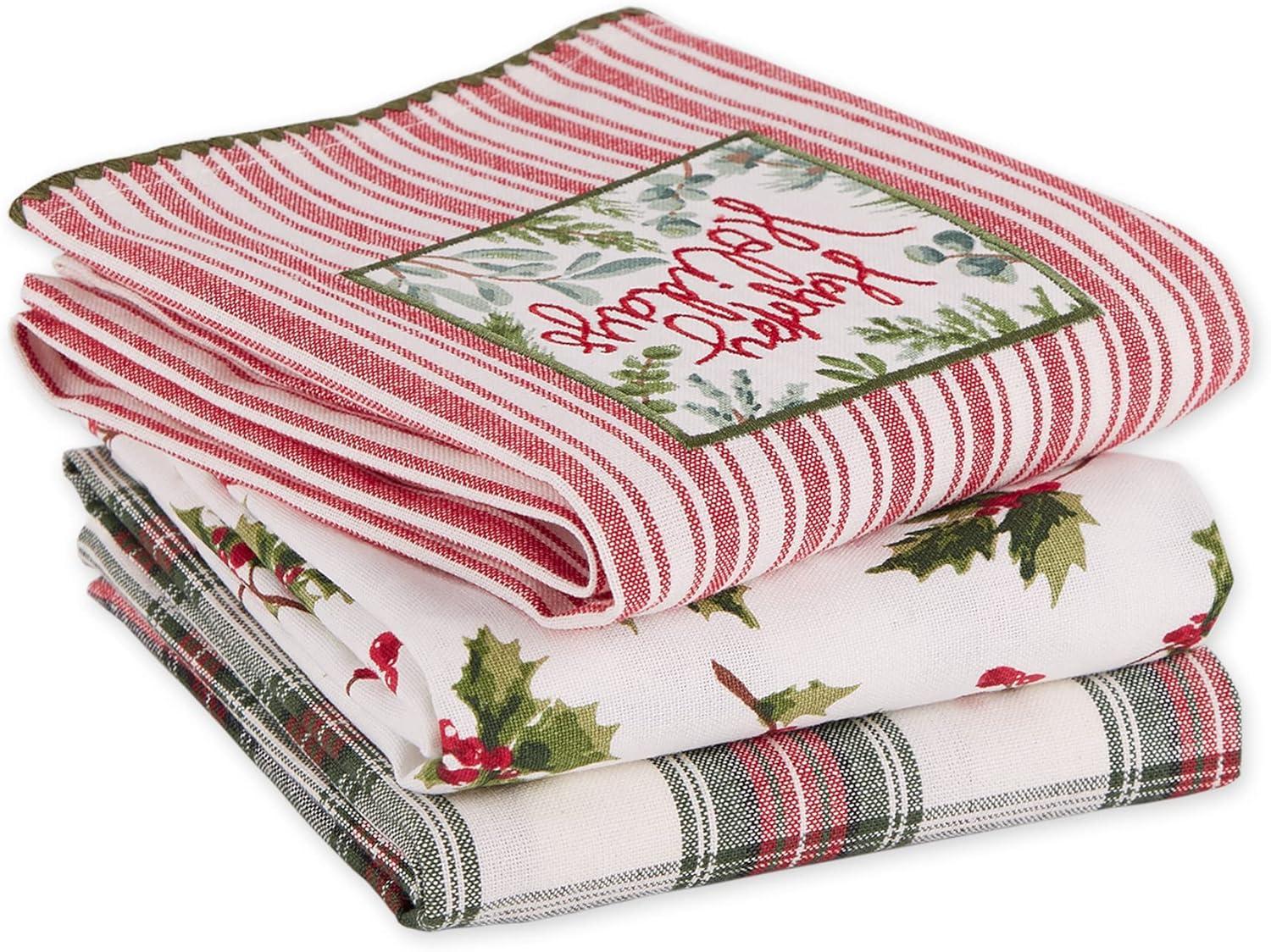 image:imageDII Vintage Christmas Tea Towels Decorative Holiday Kitchen Dish Towel Set 18x28 Tartain Plaid amp Thin Red Stripe 2 PieceHolly  Plaid  Red Stripe