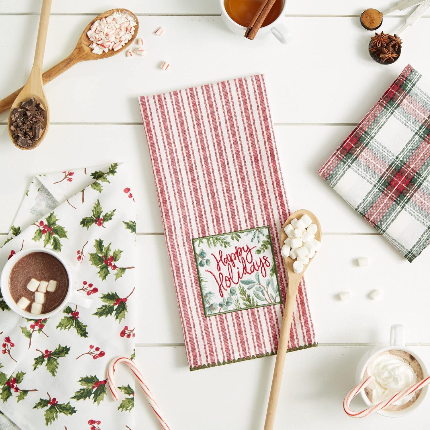 image:imageDII Vintage Christmas Tea Towels Decorative Holiday Kitchen Dish Towel Set 18x28 Tartain Plaid amp Thin Red Stripe 2 PieceHolly  Plaid  Red Stripe
