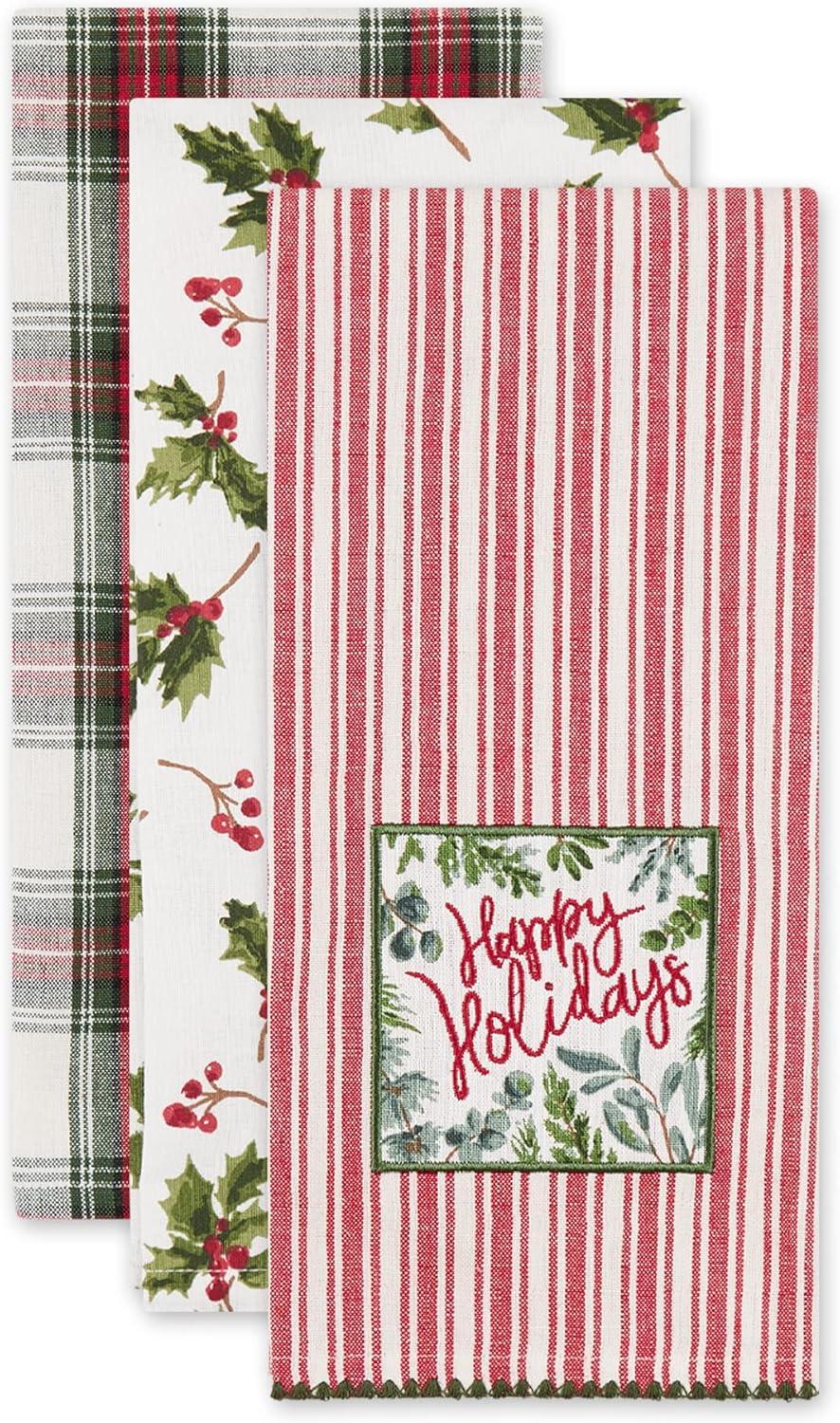 image:imageDII Vintage Christmas Tea Towels Decorative Holiday Kitchen Dish Towel Set 18x28 Tartain Plaid amp Thin Red Stripe 2 PieceHolly Jolly Sprigs  Red Stripe