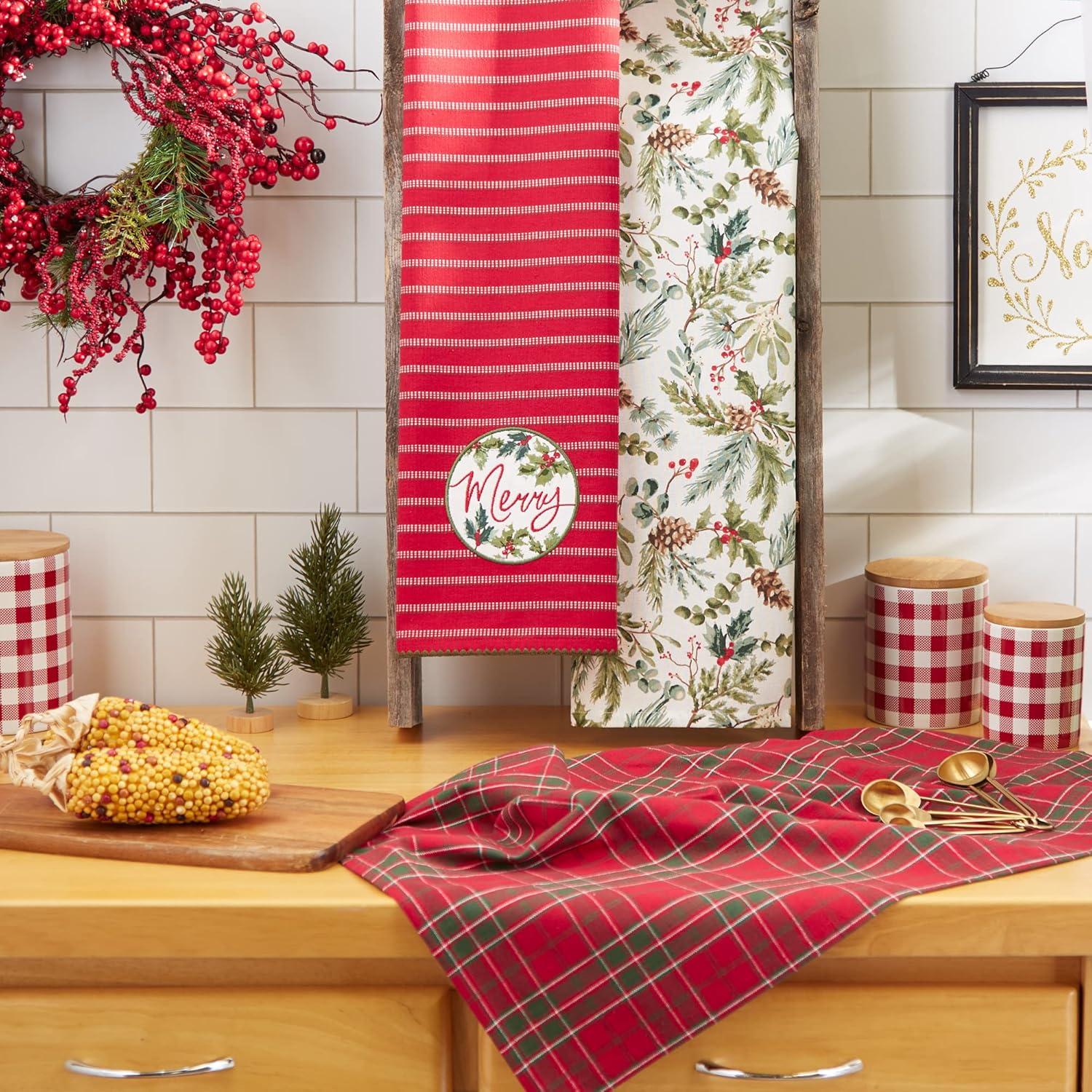 image:imageDII Vintage Christmas Tea Towels Decorative Holiday Kitchen Dish Towel Set 18x28 Tartain Plaid amp Thin Red Stripe 2 PieceMerry Holly Floral  Plaid  Stripe