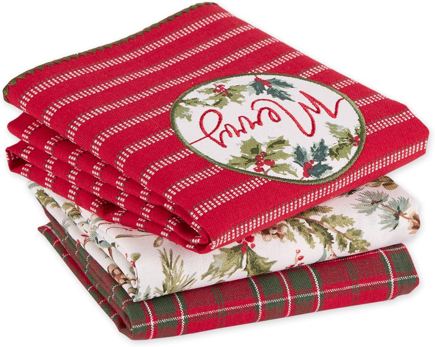 image:imageDII Vintage Christmas Tea Towels Decorative Holiday Kitchen Dish Towel Set 18x28 Tartain Plaid amp Thin Red Stripe 2 PieceMerry Holly Floral  Plaid  Stripe