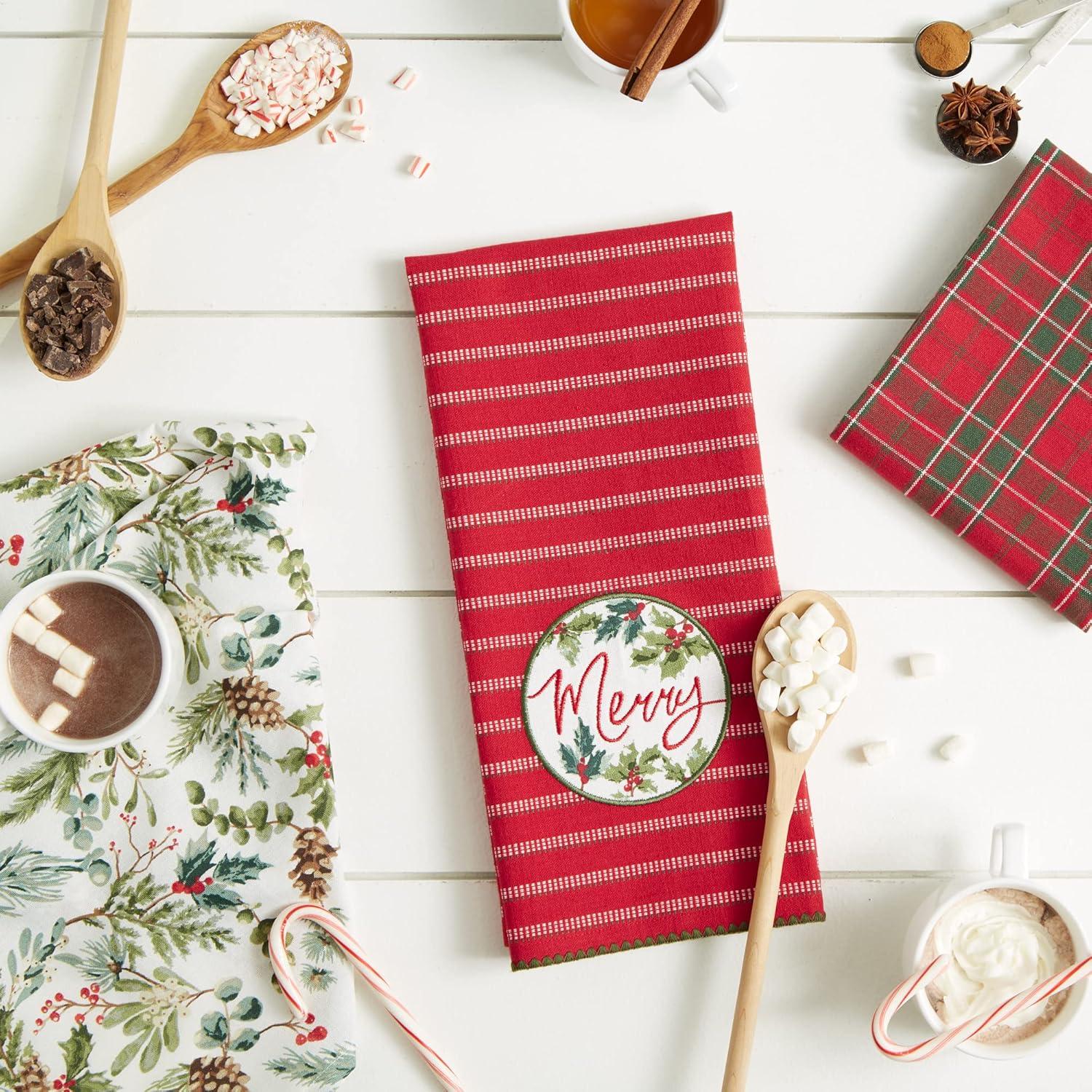 image:imageDII Vintage Christmas Tea Towels Decorative Holiday Kitchen Dish Towel Set 18x28 Tartain Plaid amp Thin Red Stripe 2 PieceMerry Holly Floral  Plaid  Stripe