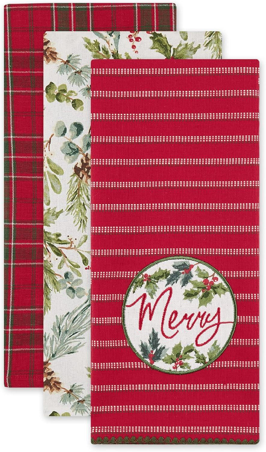 image:imageDII Vintage Christmas Tea Towels Decorative Holiday Kitchen Dish Towel Set 18x28 Tartain Plaid amp Thin Red Stripe 2 PieceMerry Holly Floral  Plaid  Stripe