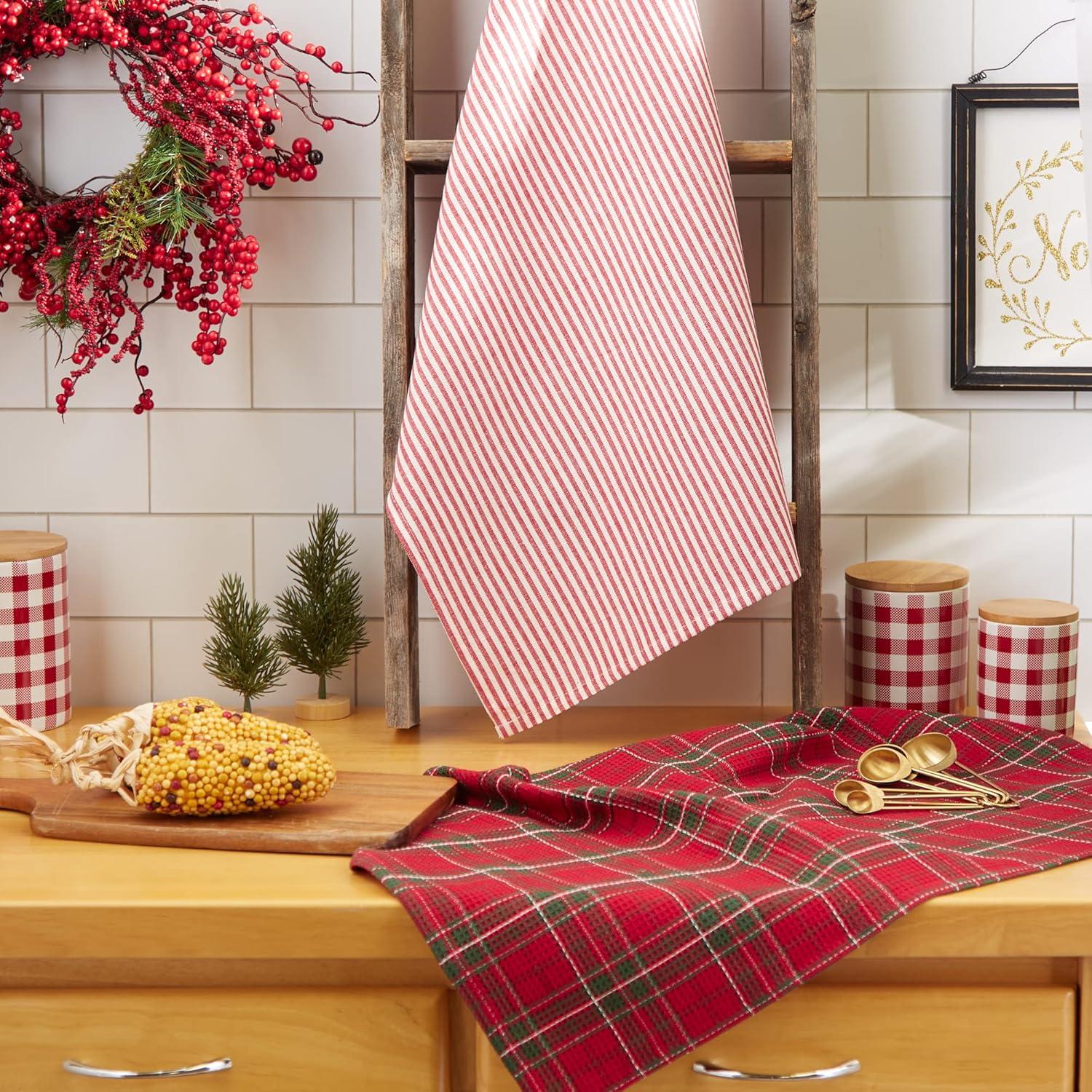 image:imageDII Vintage Christmas Tea Towels Decorative Holiday Kitchen Dish Towel Set 18x28 Tartain Plaid amp Thin Red Stripe 2 PieceTartain Plaid  Thin Red Stripe