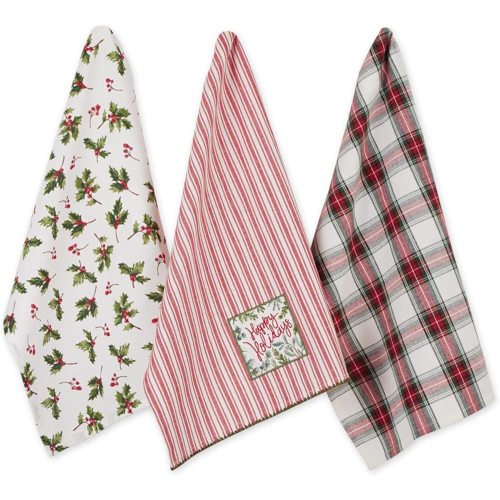 image:imageDII Vintage Christmas Tea Towels Decorative Holiday Kitchen Dish Towel Set 18x28 Tartain Plaid amp Thin Red Stripe 2 PieceHolly  Plaid  Red Stripe