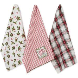 image:imageDII Vintage Christmas Tea Towels Decorative Holiday Kitchen Dish Towel Set 18x28 Tartain Plaid amp Thin Red Stripe 2 PieceHolly Jolly Sprigs  Red Stripe